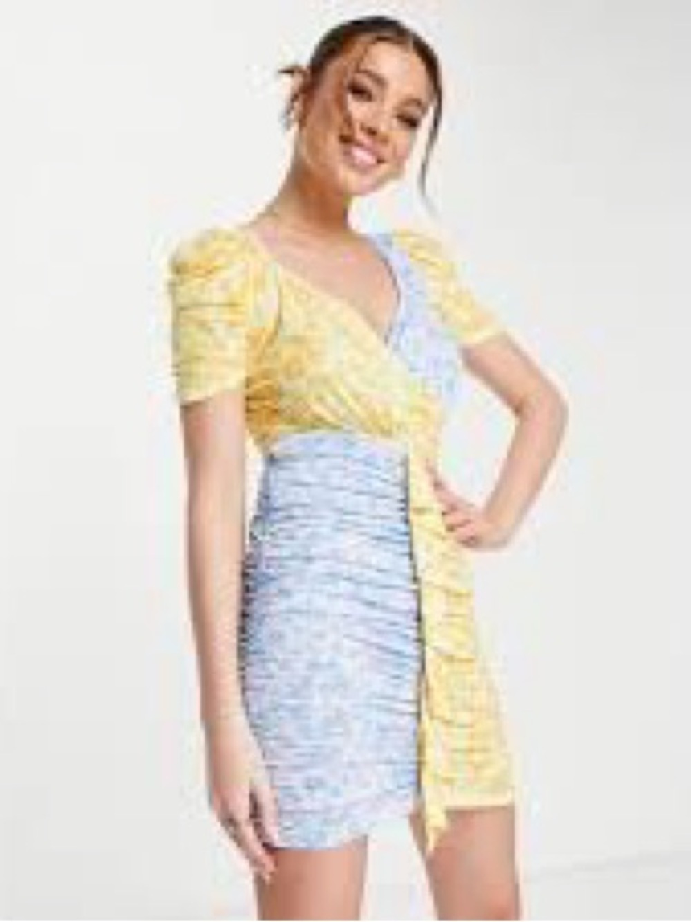 NWT ASOS Yellow and Light Blue Wrap Ruched Mini Dress Size 2